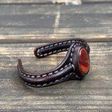 Boho Handcrafted Genuine Vegetal Black Leather Bracelet with Red Agate Stone-Unisex Gift Fashion Jewelry Cuff
