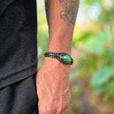 Handcrafted Black Color Genuine Leather Bracelet with Green Cat's Eye Stone Setting-Lifestyle Gift Fashion Jewelry Cuff Bangle