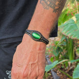 Handcrafted Black Color Genuine Leather Bracelet with Green Cat's Eye Stone Setting-Lifestyle Gift Fashion Jewelry Cuff Bangle