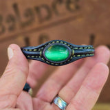 Handcrafted Black Color Genuine Leather Bracelet with Green Cat's Eye Stone Setting-Lifestyle Gift Fashion Jewelry Cuff Bangle