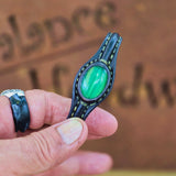 Handcrafted Black Color Genuine Leather Bracelet with Green Cat's Eye Stone Setting-Lifestyle Gift Fashion Jewelry Cuff Bangle