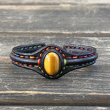 Bohemian Unique Handcrafted Vegetal Black Leather Bracelet with Tiger's Eye Stone-Unisex Gift Fashion Jewelry-Adjustable Wristband Cuff