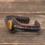 Bohemian Unique Handcrafted Vegetal Black Leather Bracelet with Tiger's Eye Stone-Unisex Gift Fashion Jewelry-Adjustable Wristband Cuff