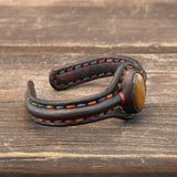 Bohemian Unique Handcrafted Vegetal Black Leather Bracelet with Tiger's Eye Stone-Unisex Gift Fashion Jewelry-Adjustable Wristband Cuff