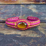 Bohemian Unique Handcrafted Fuchsia Color Leather Bracelet with Tiger's Eye Stone-Unisex Gift Fashion Jewelry-Adjustable Wristband Cuff