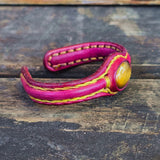Bohemian Unique Handcrafted Fuchsia Color Leather Bracelet with Tiger's Eye Stone-Unisex Gift Fashion Jewelry-Adjustable Wristband Cuff