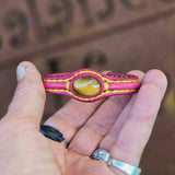 Bohemian Unique Handcrafted Fuchsia Color Leather Bracelet with Tiger's Eye Stone-Unisex Gift Fashion Jewelry-Adjustable Wristband Cuff