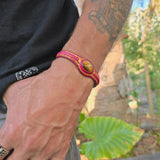 Bohemian Unique Handcrafted Fuchsia Color Leather Bracelet with Tiger's Eye Stone-Unisex Gift Fashion Jewelry-Adjustable Wristband Cuff