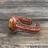 Bohemian Unique Handcrafted Vegetal Brown Leather Bracelet with Tiger's Eye Stone-Unisex Gift Fashion Jewelry-Adjustable Wristband Cuff