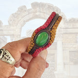 Unique Handcrafted Colored Vegetal Braided Leather Bracelet with Green Cat Eye Stone Setting-Unique Gift Fashion Jewelry Cuff-Wristband