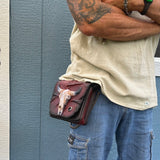 Handcrafted Vegetal Leather Multifunctional Brown Belt Bag with Embossed Longhorn Design – Gift -Versatile Fanny Pack