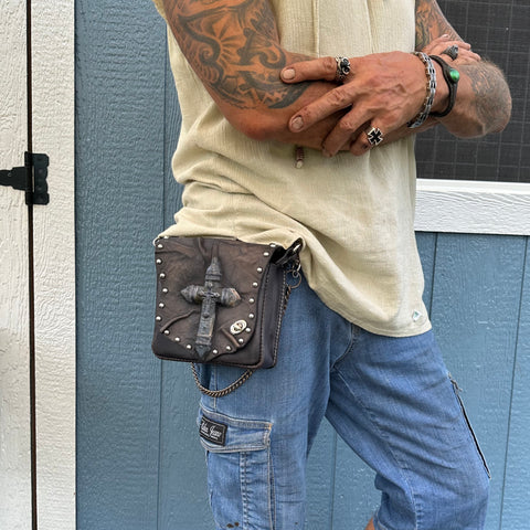 Handcrafted Vegetal Leather Multifunctional Rustic Black Color Belt Bag with Embossed Cross Design – Gift -Versatile Fanny Pack