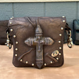 Handcrafted Vegetal Leather Multifunctional Rustic Black Color Belt Bag with Embossed Cross Design – Gift -Versatile Fanny Pack