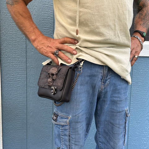 Made To Order-Handcrafted Vegetal Leather Multifunctional Rustic Black Color Belt Bag with Embossed Skull Design Gift -Versatile Fanny Pack