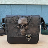 Made To Order-Handcrafted Vegetal Leather Multifunctional Rustic Black Color Belt Bag with Embossed Skull Design Gift -Versatile Fanny Pack