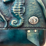 Handcrafted Vegetal Leather Multifunctional Turquoise Color Belt Bag with Embossed Sea Horse Design – Gift -Versatile Fanny Pack
