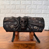MADE TO ORDER-Handcrafted Genuine Vegetal Rustic Black Leather Front Fork Tool Bag With Embossed Skull and Eyelet-Universal Motorcycle Bag