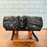 MADE TO ORDER-Handcrafted Genuine Vegetal Rustic Black Leather Front Fork Tool Bag With Embossed Skull and Eyelet-Universal Motorcycle Bag