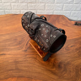 MADE TO ORDER-Handcrafted Genuine Vegetal Rustic Black Leather Front Fork Tool Bag With Embossed Skull and Eyelet-Universal Motorcycle Bag