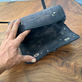 MADE TO ORDER-Handcrafted Genuine Vegetal Rustic Black Leather Front Fork Tool Bag With Embossed Skull and Eyelet-Universal Motorcycle Bag
