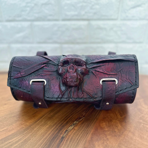 Handcrafted Genuine Vegetal Light Maroon Leather Front Fork Tool Bag With Embossed Skull Design-Harley Davidson and Universal Motorcycle Bag