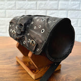 MADE TO ORDER-Handcrafted Genuine Vegetal Rustic Black Leather Front Fork Tool Bag With Embossed Skull and Eyelet-Universal Motorcycle Bag