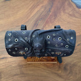 MADE TO ORDER-Handcrafted Genuine Vegetal Rustic Black Leather Front Fork Tool Bag With Embossed Skull and Eyelet-Universal Motorcycle Bag