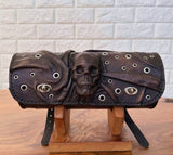MADE TO ORDER-Handcrafted Genuine Vegetal Rustic Black Leather Front Fork Tool Bag With Embossed Skull and Eyelet-Universal Motorcycle Bag