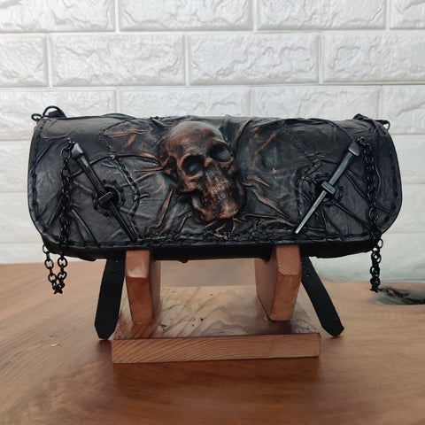 MADE TO ORDER-Handcrafted Rustic Black Genuine Leather Tool Bag With Embossed Skull Design-Harley Davidson and Universal Motorcycle Bag