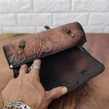 Made To Order-Handcrafted Leather Genuine Rustic Brown Tool Bag With Embossed Skull Design-Harley Davidson and Universal Motorcycle Bag