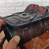 Handcrafted Genuine Vegetal leather Brown Front Fork Tool Bag With Embossed Skull Design-Harley Davidson and Universal Motorcycle Bag