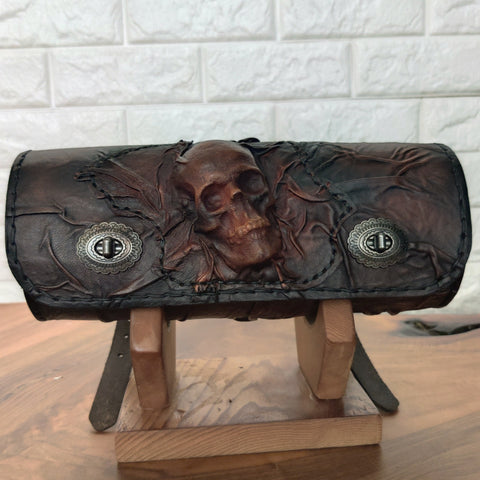 Handcrafted Genuine Vegetal leather Brown Front Fork Tool Bag With Embossed Skull Design-Harley Davidson and Universal Motorcycle Bag