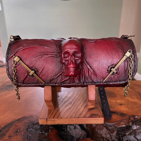 CUSTOM ORDER - Handcrafted Leather Genuine Tool Bag With Embossed Skull Design-Harley Davidson and Universal Motorcycle Bag