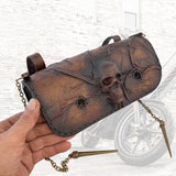 Made To Order-Handcrafted Leather Genuine Rustic Brown Tool Bag With Embossed Skull Design-Harley Davidson and Universal Motorcycle Bag