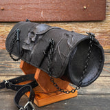 Long Handcrafted Vegetal Leather Black Color Embossed Skull Tool Bag-Motorcycle Harley Davidson-Universal Motorcycle Front Fork Bag