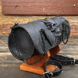 Long Handcrafted Vegetal Leather Black Color Embossed Skull Tool Bag-Motorcycle Harley Davidson-Universal Motorcycle Front Fork Bag