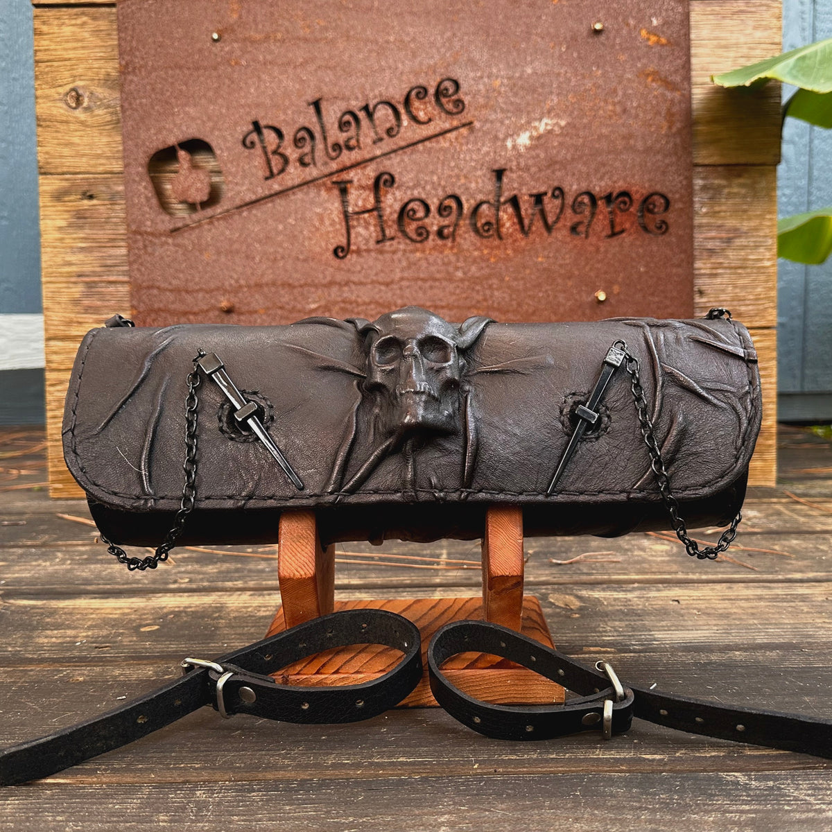 Long Handcrafted Vegetal Leather Black Color Embossed Skull Tool