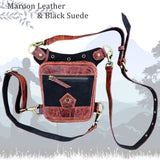 Small Maroon and Black Suede Genuine Leather Drop leg Bag with Comfortable Adjustable Strap, Unisex Fanny Pack Bag, Leather Fanny Bag Gift