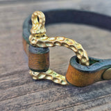 Handcrafted 7.5 inches fit Genuine Leather Unisex Marine Style Fashion Bracelet-Cuff-Gold Color Shackle  Design Bracelet