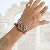 Unique Handcrafted Genuine Brown Leather Bracelet with Flower Green Stone-Unisex Gift Fashion Jewelry with Naturel Stone Cuff