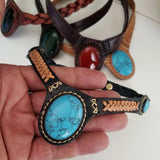 Boho Leather Choker with Turquoise Stone setting (2265121292342)