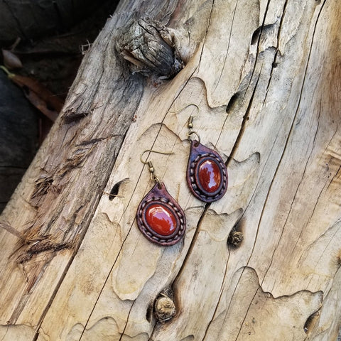 Boho Leather Earring with Red Agate Stone (2265122242614)