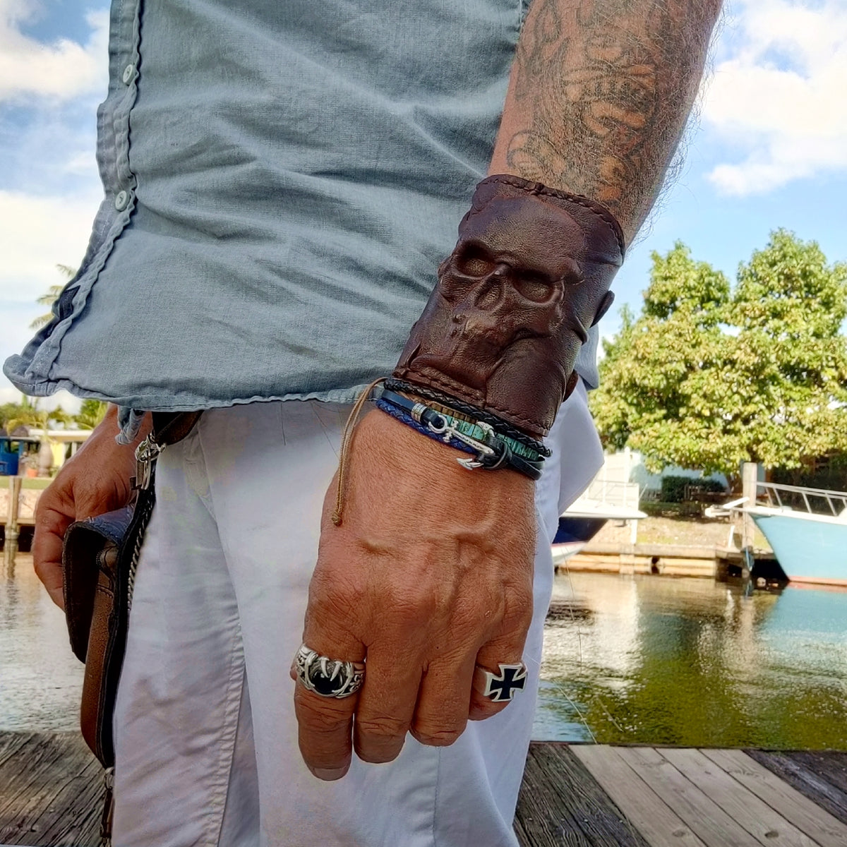 Skull leather shop cuff bracelet