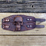MADE TO ORDER-Two Buckle Cuff- Handcrafted Genuine Vegetal Leather Brown Skull Design Cuff - Unisex Gift Embossed Skull Leather Wristband