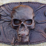 MADE TO ORDER-Two Buckle Cuff- Handcrafted Genuine Vegetal Leather Brown Skull Design Cuff - Unisex Gift Embossed Skull Leather Wristband
