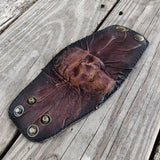 MADE TO ORDER-Unique Handcrafted Genuine Vegetal Leather Dark Brown Skull Design Cuff , Unisex Gift Embossed Skull Leather Bracelet