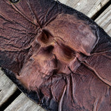 MADE TO ORDER-Unique Handcrafted Genuine Vegetal Leather Dark Brown Skull Design Cuff , Unisex Gift Embossed Skull Leather Bracelet