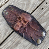 MADE TO ORDER-Unique Handcrafted Genuine Vegetal Leather Dark Brown Skull Design Cuff , Unisex Gift Embossed Skull Leather Bracelet
