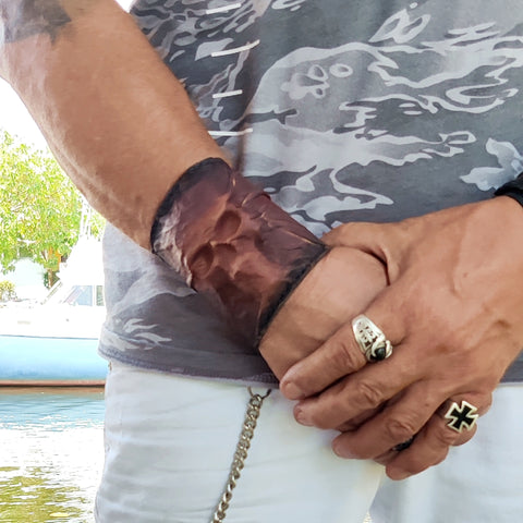 MADE TO ORDER-Unique Handcrafted Genuine Vegetal Leather Dark Brown Skull Design Cuff , Unisex Gift Embossed Skull Leather Bracelet