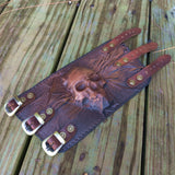 Handcrafted XL Genuine Vegetal Leather Rustic Brown Embossed Skull Design Cuff Unique Unisex Gift Skull Leather Bracelet Wristband